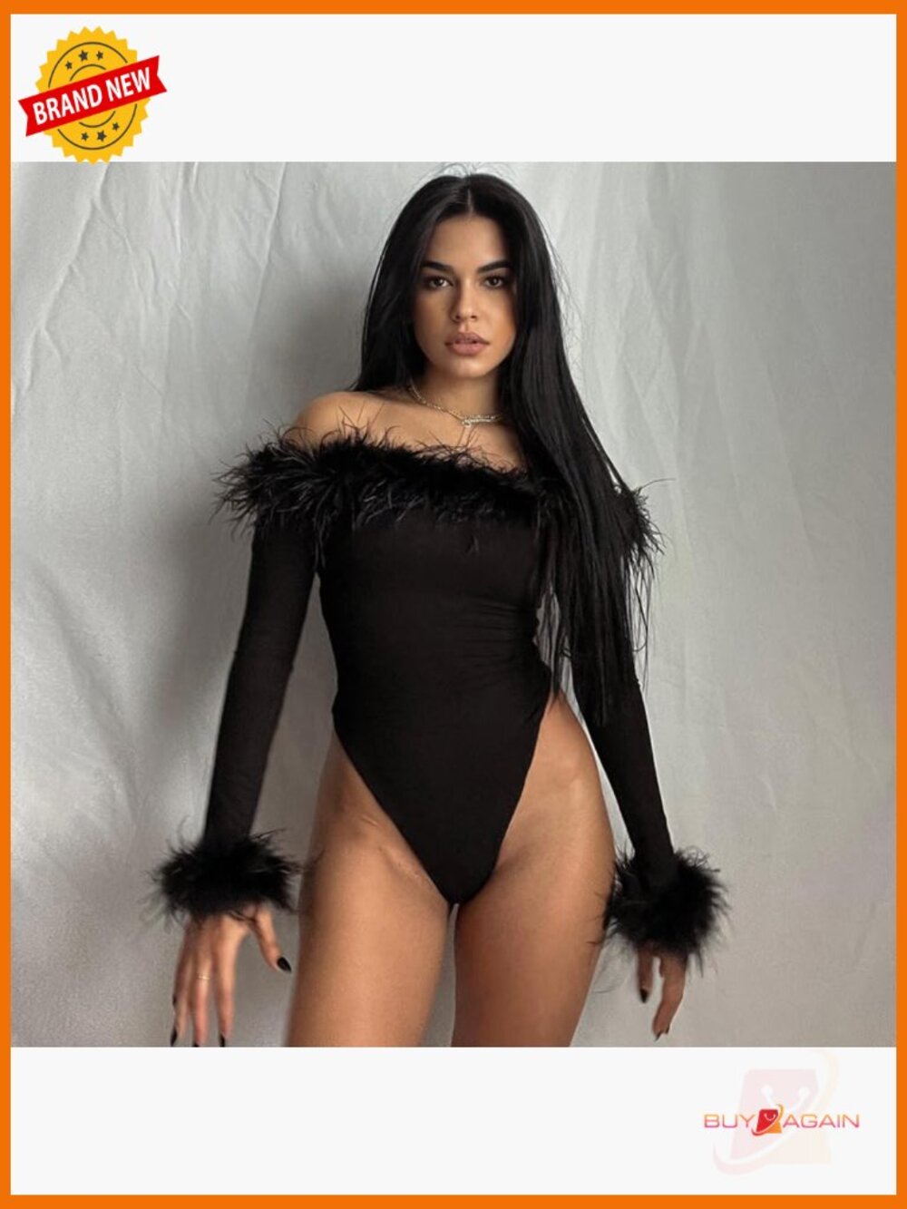 Long Sleeve Off Shoulder Bodysuit with Feather Trim Slim Fit - Picture 4 of 7